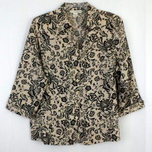 Lucy & Laurel 1X Beige Black Floral Linen 3/4 French Cuff Sleeve Button Up Shirt